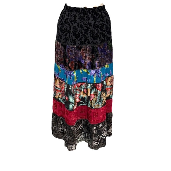 Velvet Maxi Skirt Chicos 0 (US Small) Black Silk Blend Burnout Patchwork Boho - Picture 1 of 9